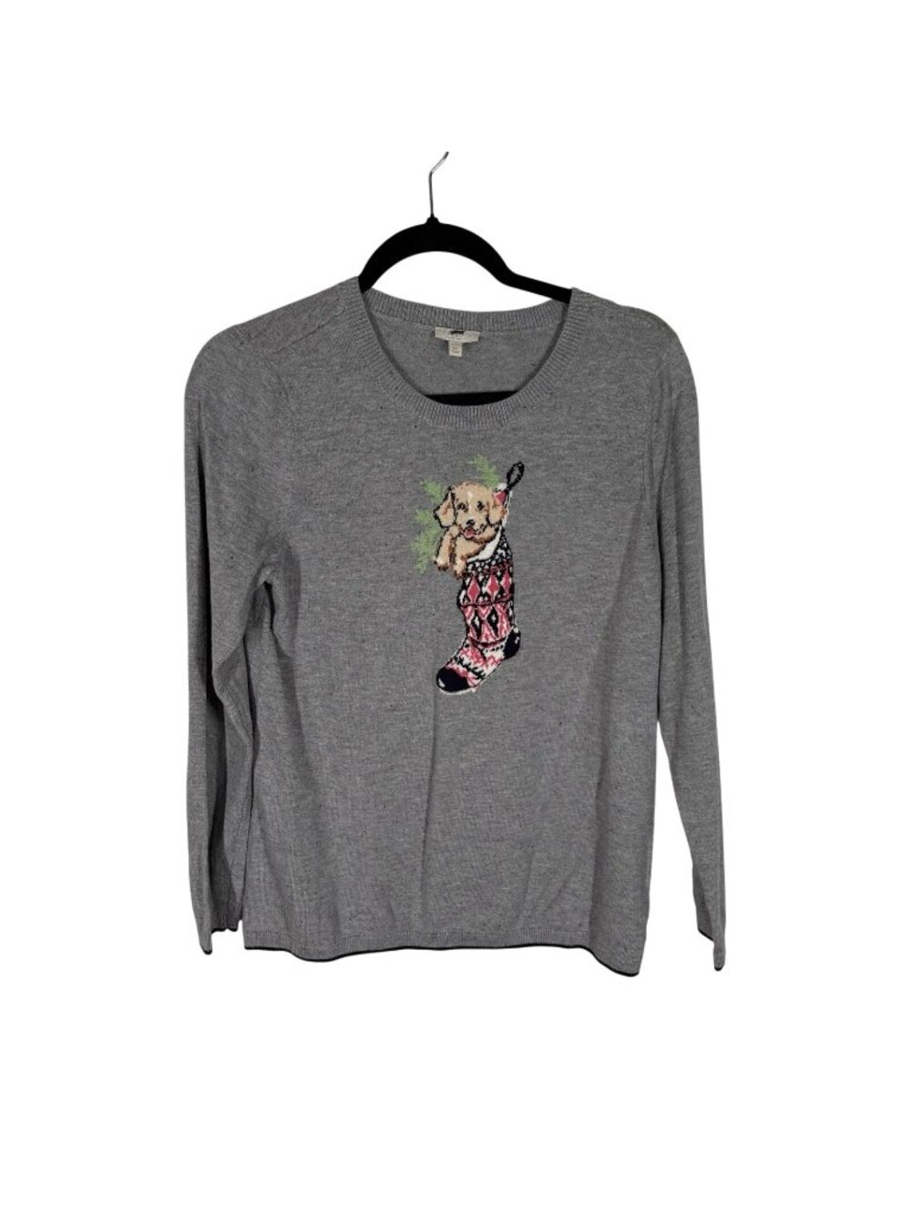 Talbots Petites MP Puppy In Stocking Holiday Long Sleeve Pullover Sweater NWOT